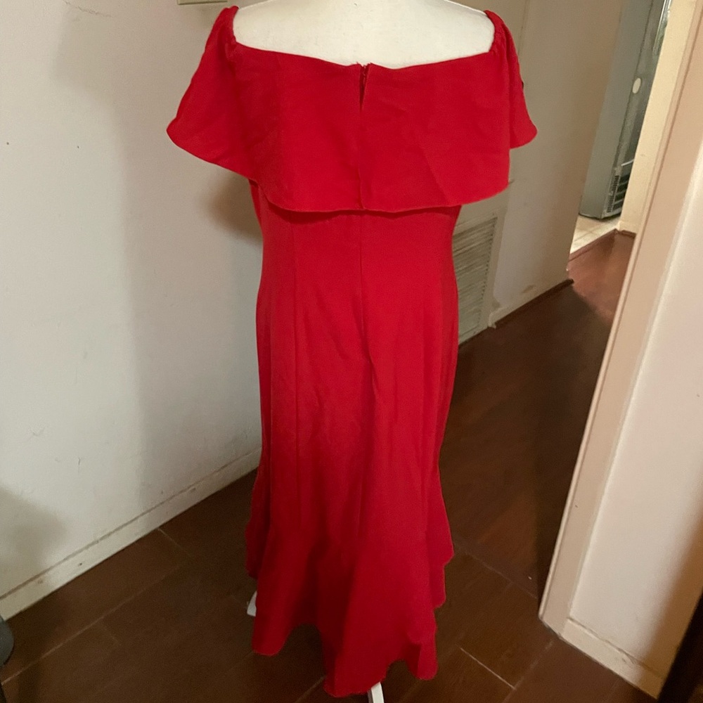 Boston Proper Red Midi Dress Size 12 on off shoulder ruffles spandex stretch - Picture 7 of 16
